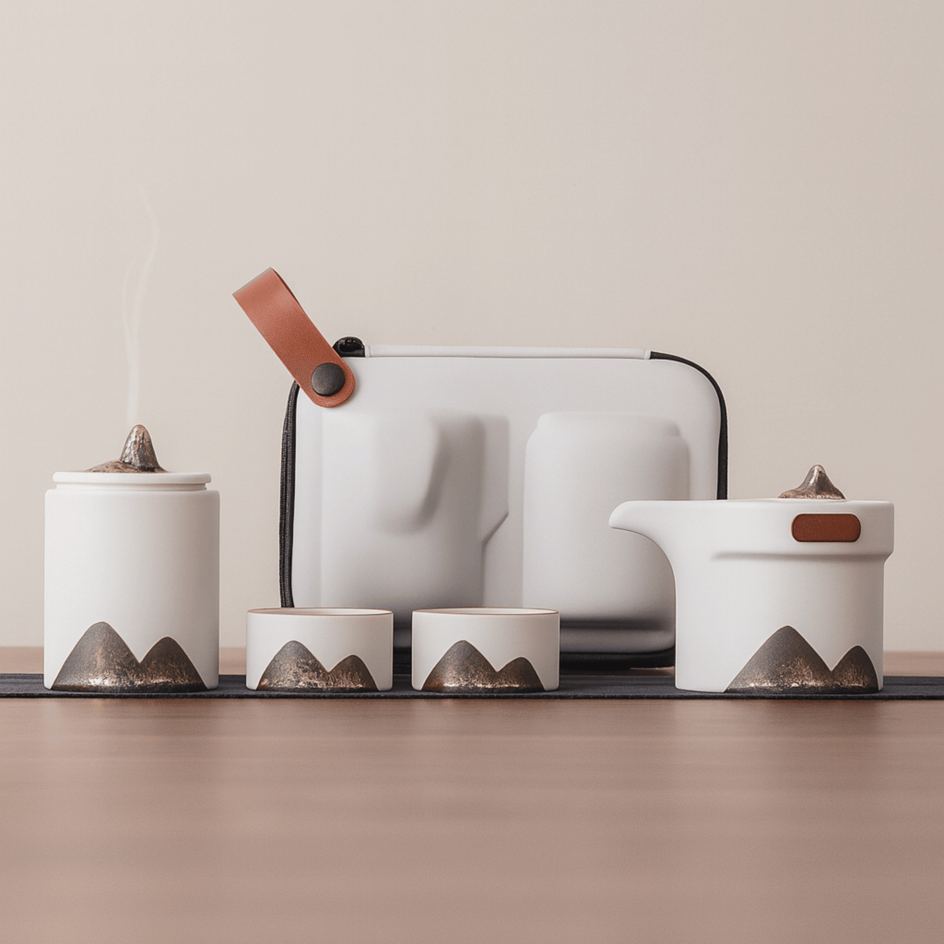 Set of ceramic containers with mountain designs on a neutral background