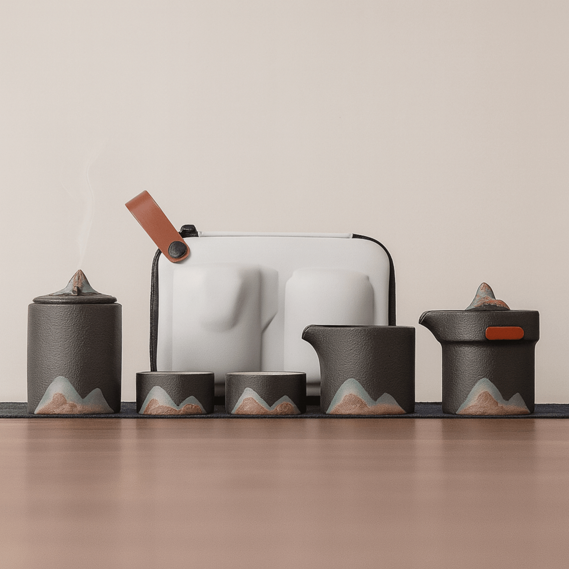 Tea set with mountain designs on a wooden surface and beige background