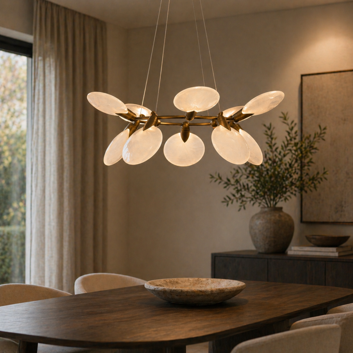 Modern chandelier hanging above a dining table in a cozy room.