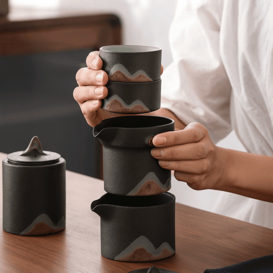 Person holding a stack of black ceramic containers with wavy patterns on a wooden surface.
