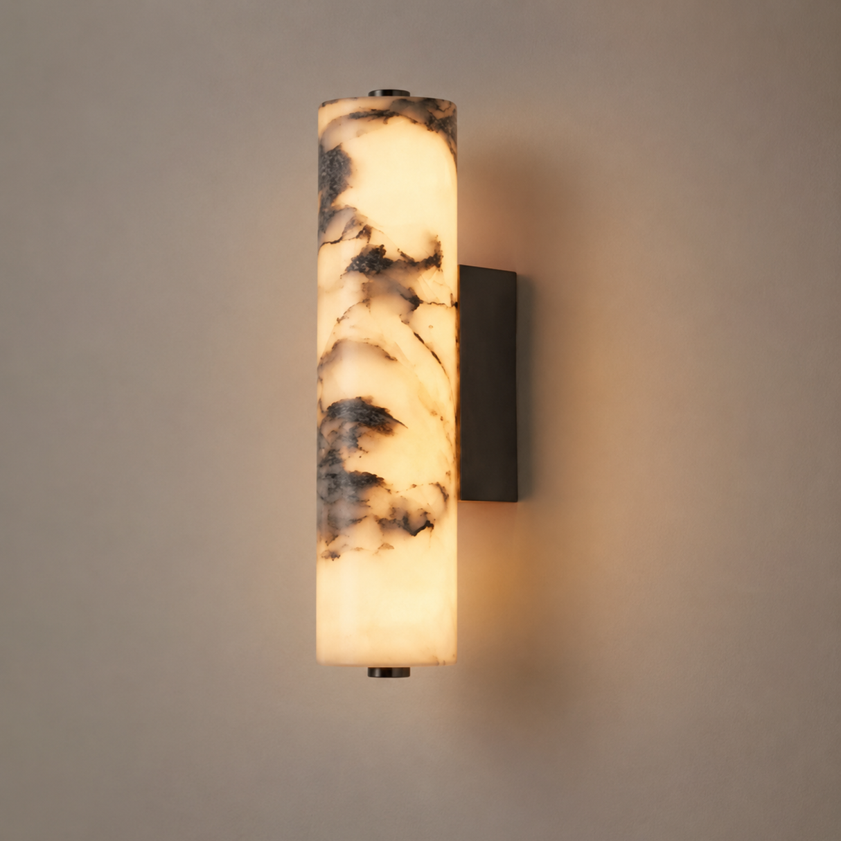 Wall-mounted light fixture with marble-like design on a neutral background