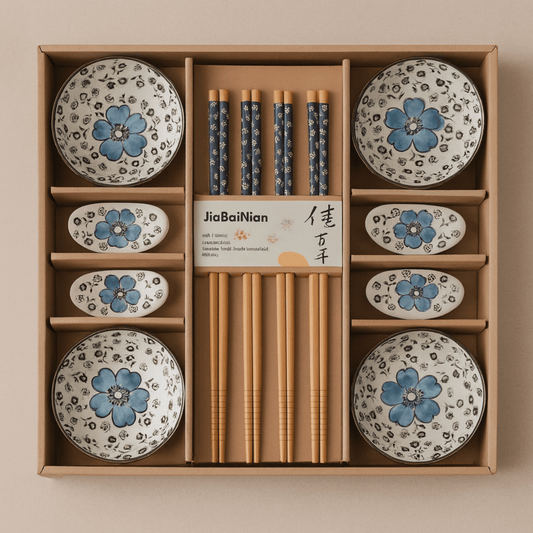 Set of ceramic plates with floral design and chopsticks in a box, featuring the brand 'Jia Bai Nian'.