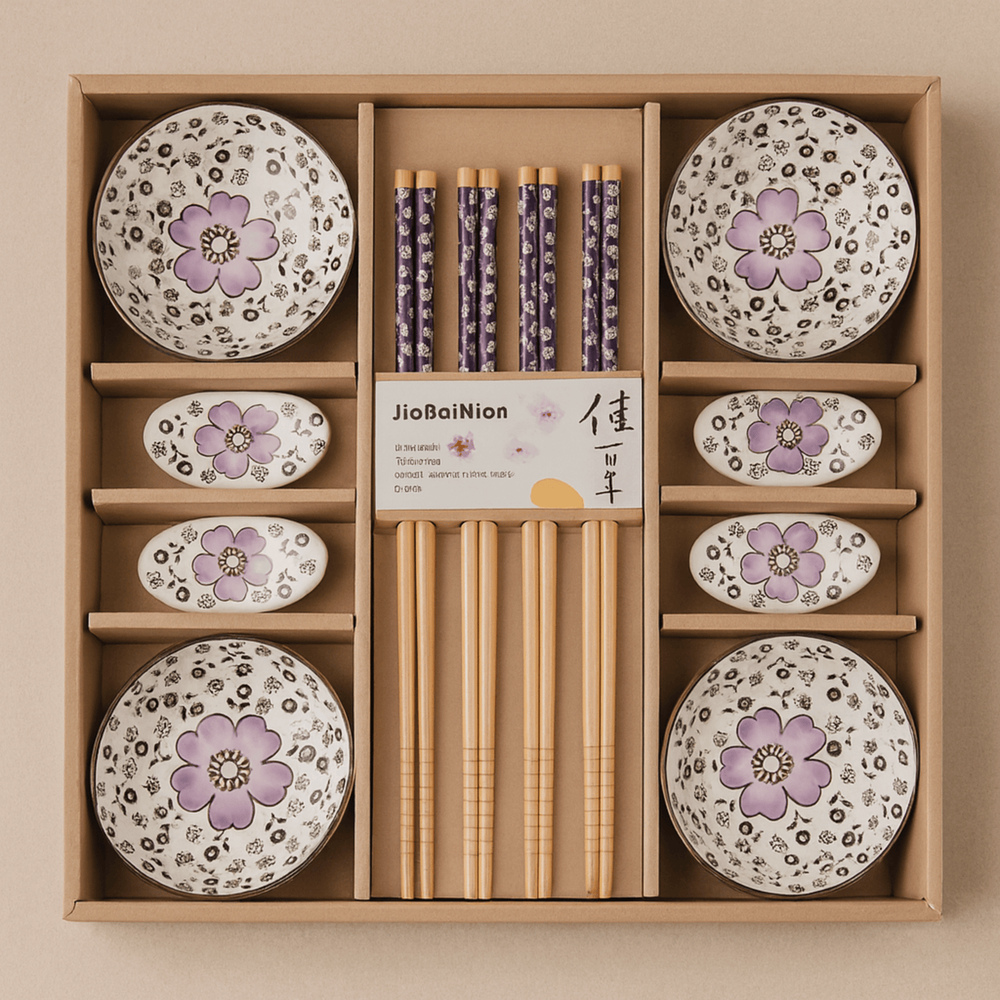 Set of ceramic plates with floral designs and wooden chopsticks in a box, featuring the brand 'JiaBaiNian'.