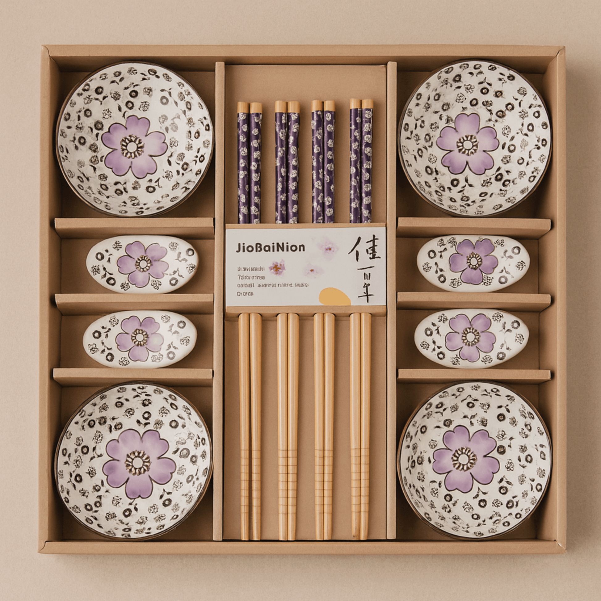 Set of ceramic plates with floral designs and wooden chopsticks in a box, featuring the brand 'JiaBaiNian'.
