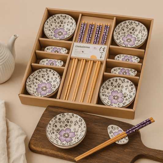Set of ceramic plates with floral design and wooden chopsticks in a wooden box.