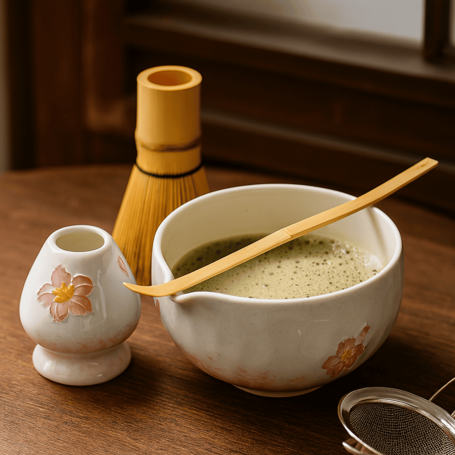 Traditional Japanese tea set with a bowl, whisk, and small container on a wooden surface.