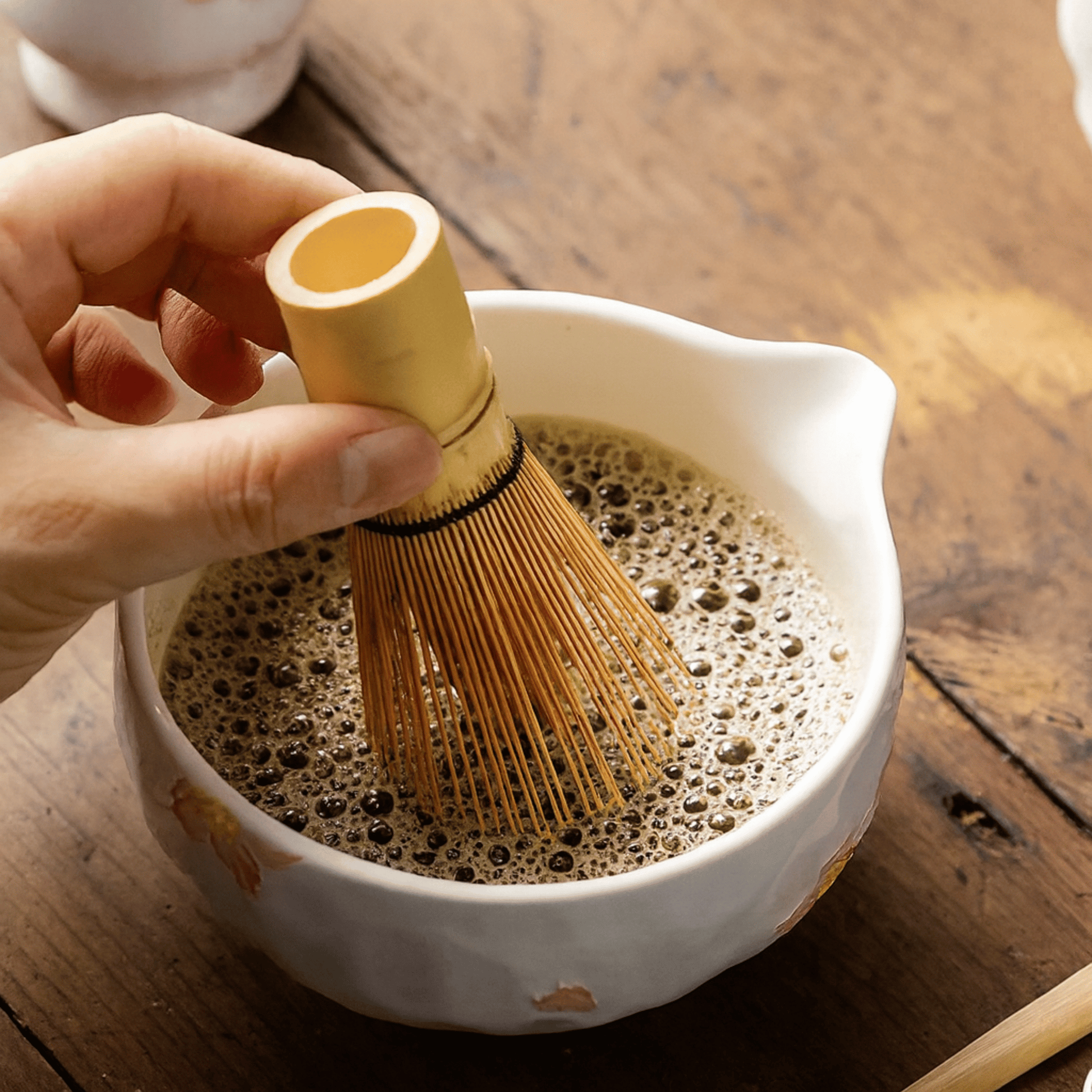Person using a bamboo whisk to stir matcha in a white bowl on a wooden surface