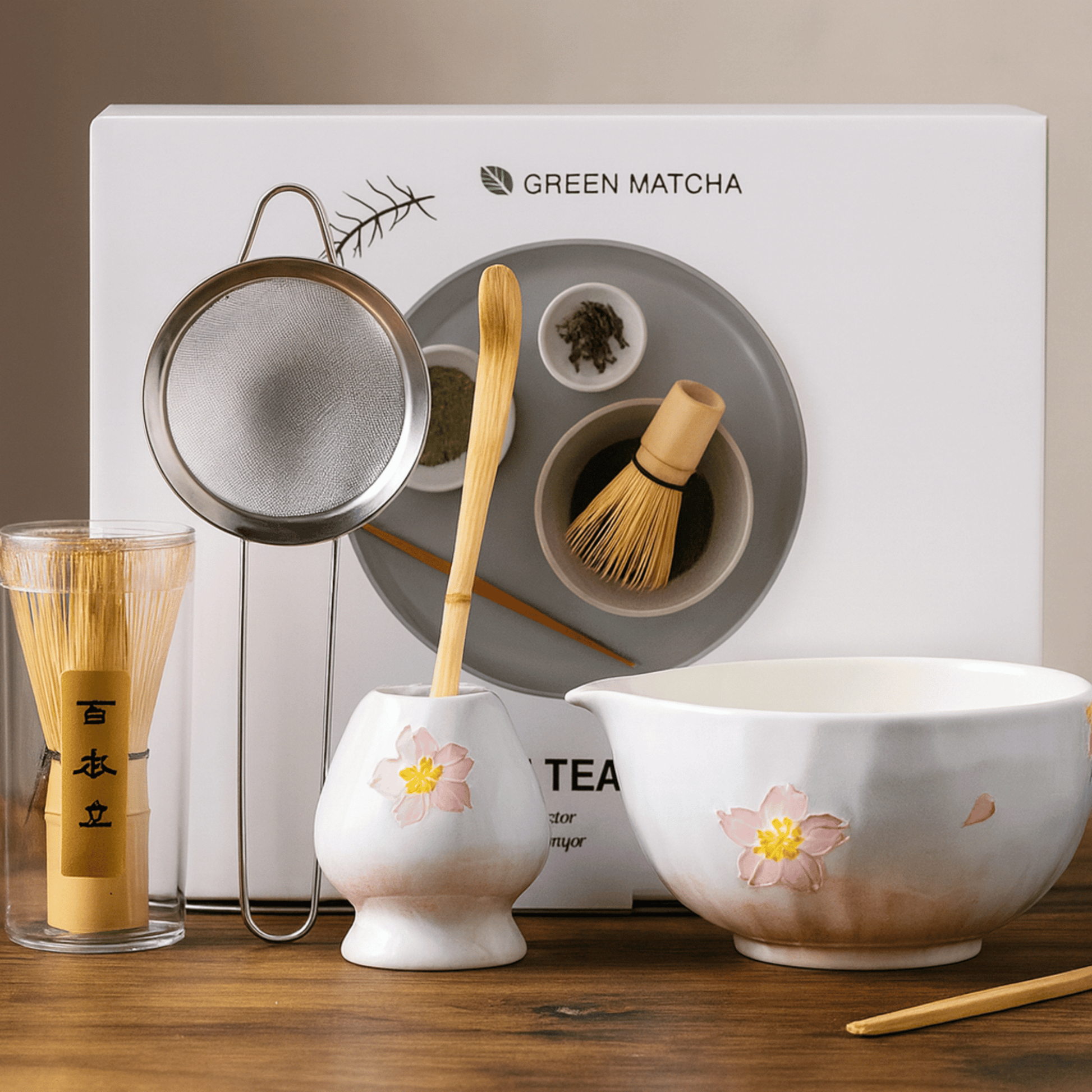 Tea-making set with a bowl, whisk, and glass in front of a 'Green Matcha' branded box.