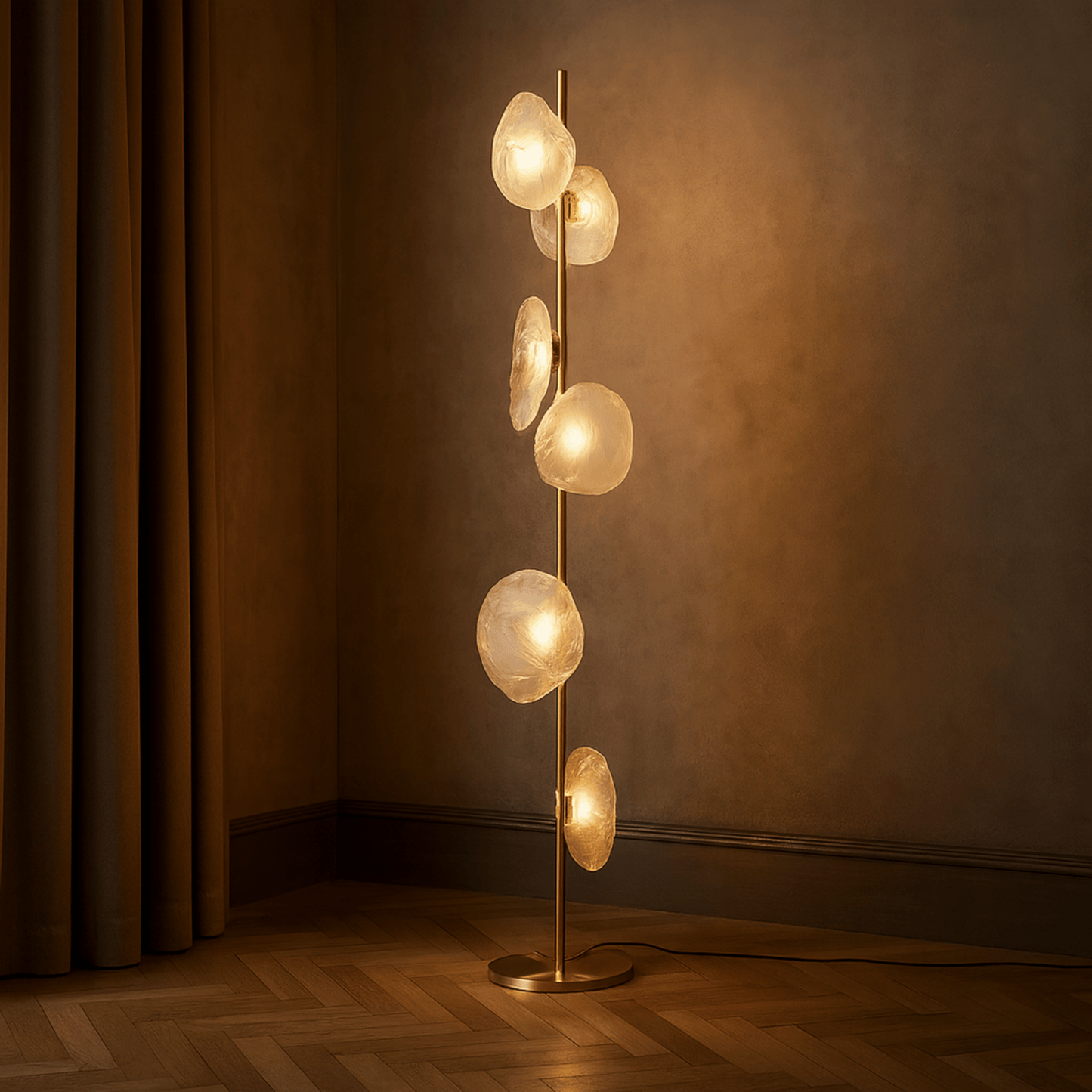 Floor lamp with multiple spherical lights in a dimly lit room.
