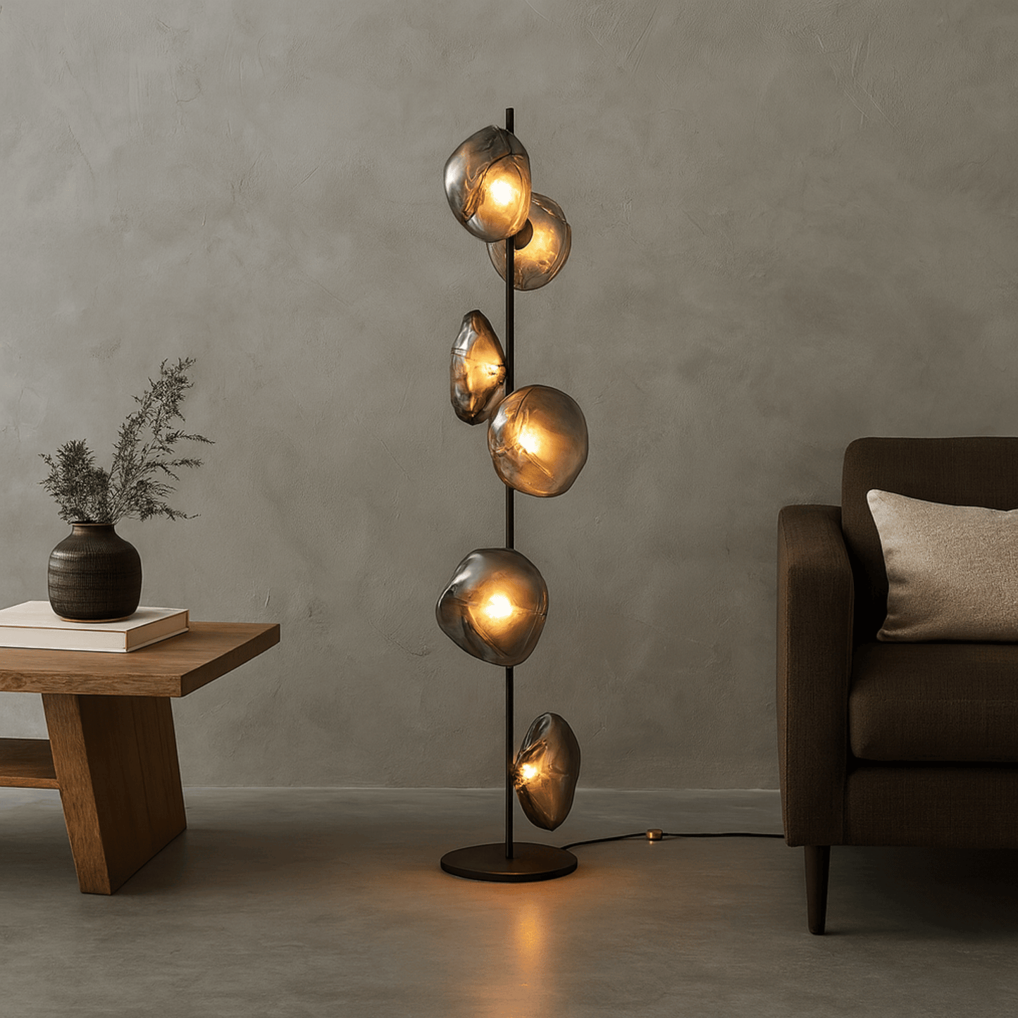 Modern floor lamp with glass shades in a living room setting.