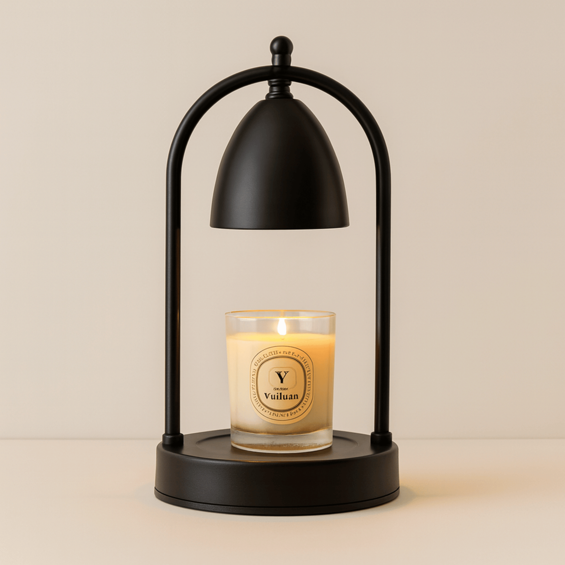 Candle with a black lampshade on a beige background