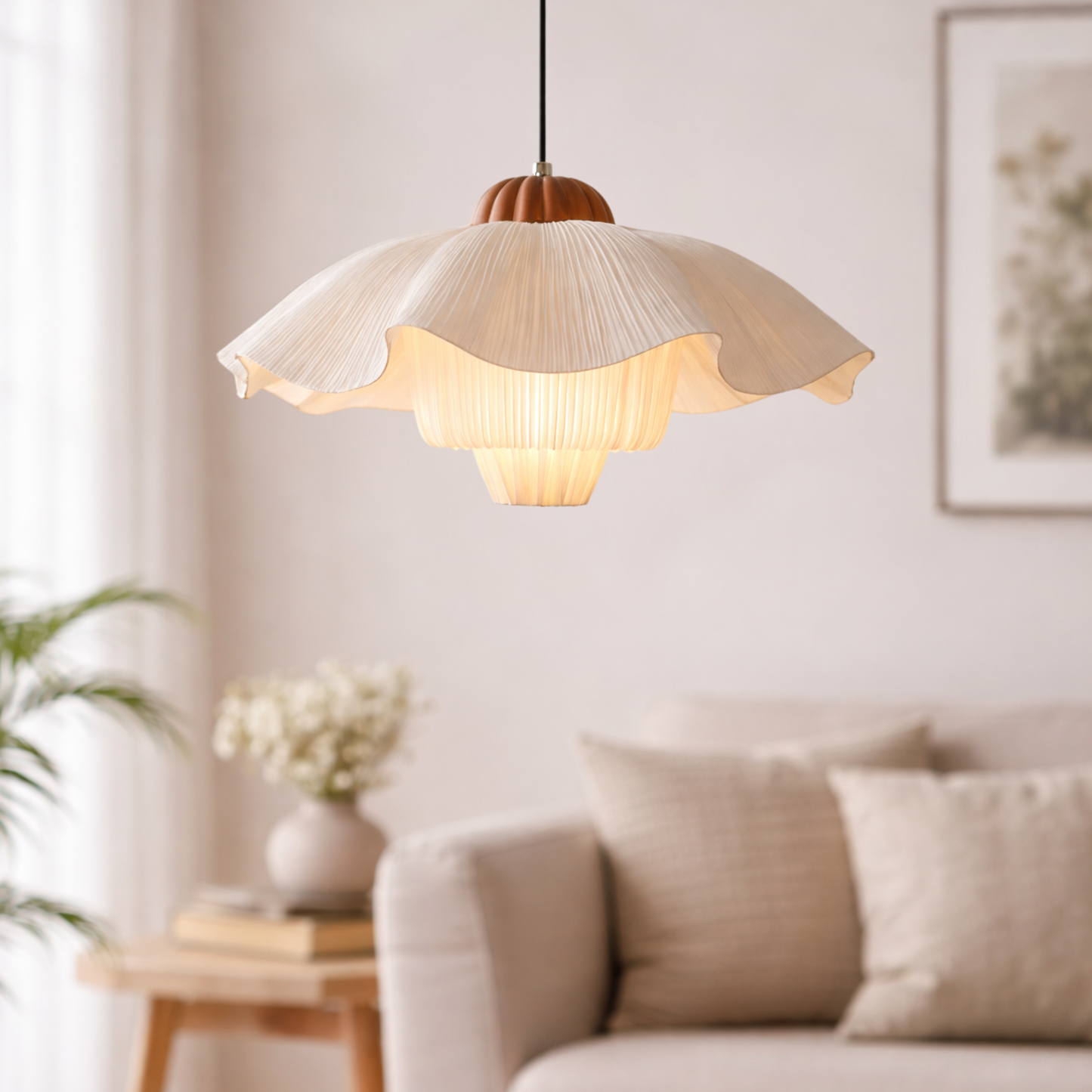 Decorative pendant light in a living room setting with a sofa and plant.