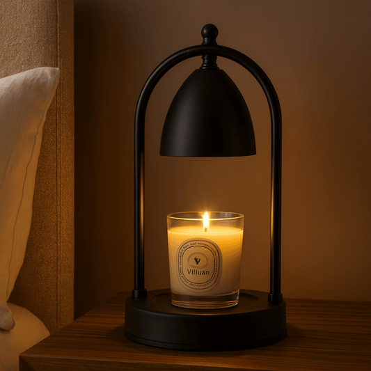 Black lamp with a lit candle on a wooden surface, creating a warm and cozy atmosphere.