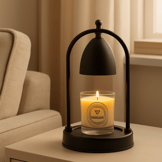 Black lantern with a lit candle on a table in a cozy room.