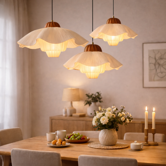 Dining room with floral pendant lights, table setting, and decor.