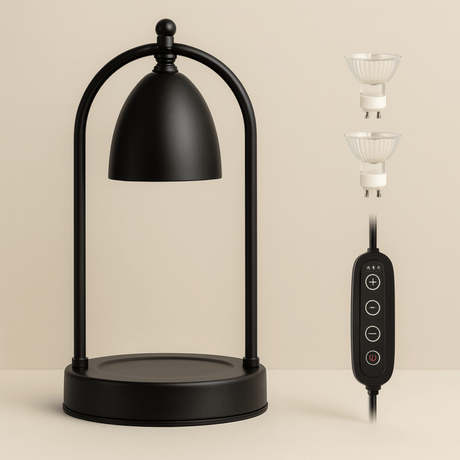 Black table lamp with a remote control on a beige background
