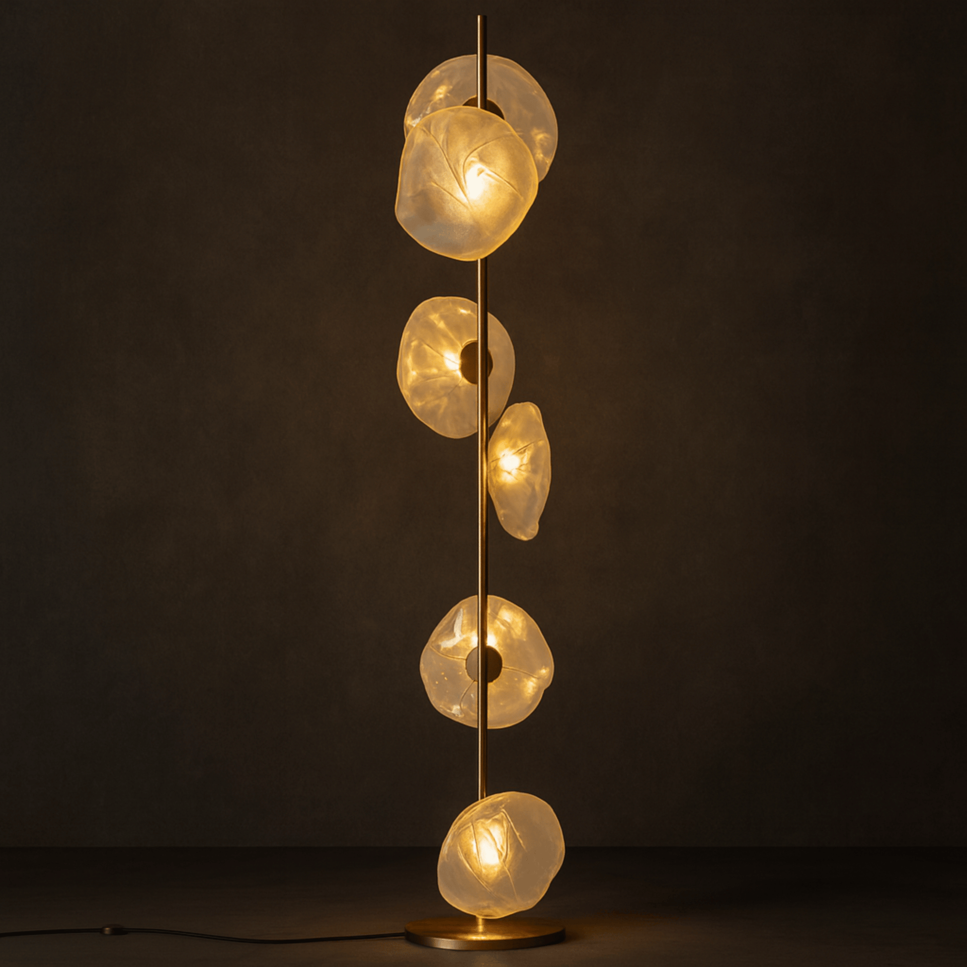 Modern floor lamp with glass shades on a dark background