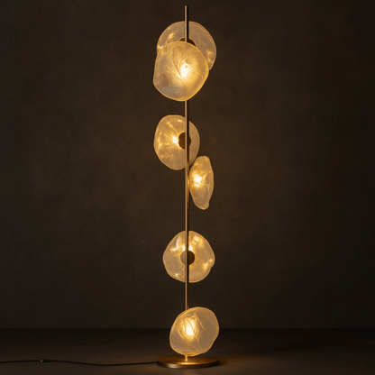 Modern floor lamp with glass shades on a dark background