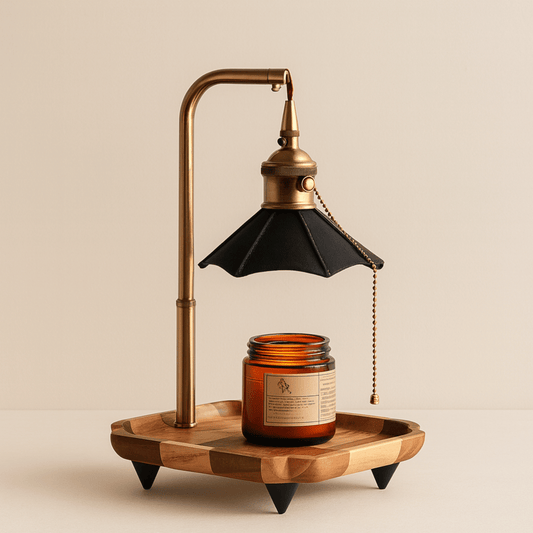 Decorative lamp with wooden base and brass arm holding a black shade, featuring a candle on a beige background.