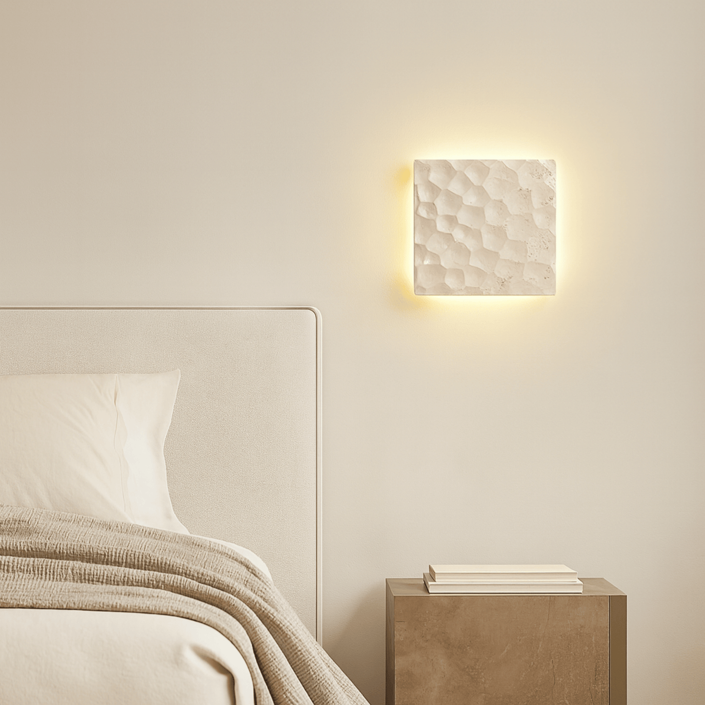 Bedroom with a textured wall light fixture and wooden nightstand.