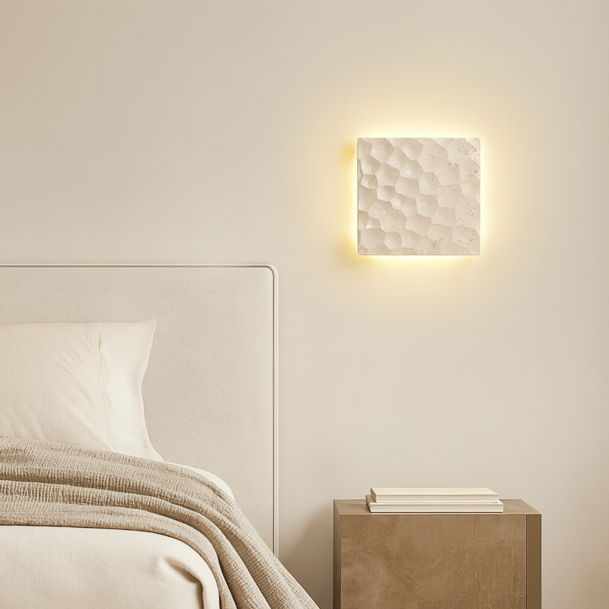 Bedroom with a textured wall light fixture and wooden nightstand.