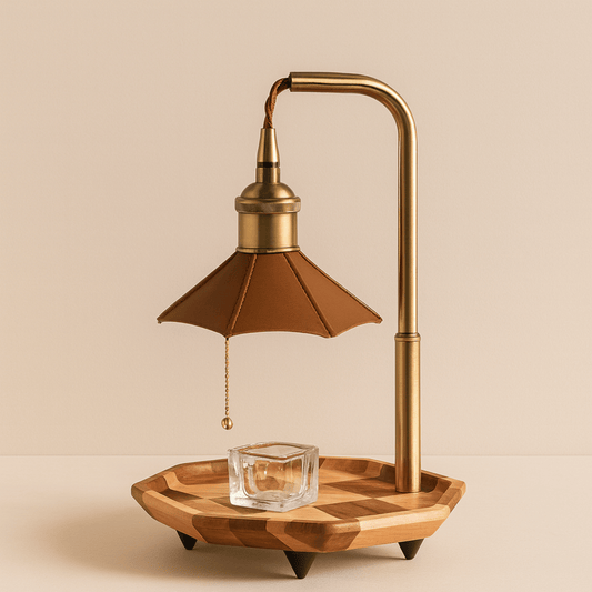 Decorative lamp with wooden base and brass fixture on a beige background
