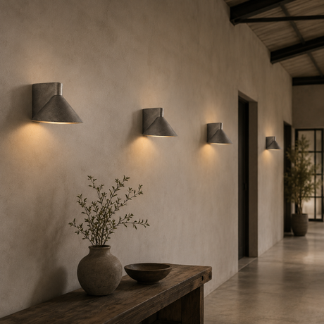 A modern wall-mounted light fixture with a matte gray metal finish and a conical shade, shown mounted on a textured beige plaster wall in a hallway. The fixture is illuminated, casting a warm yellow light downwards.