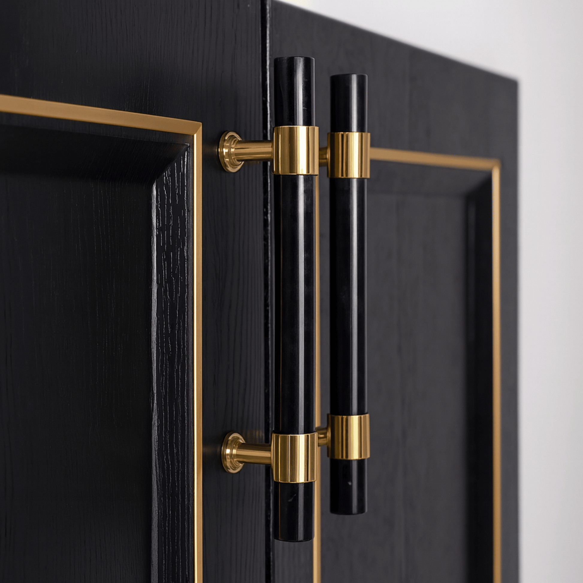 Black cabinet handles with gold accents on a black cabinet door.