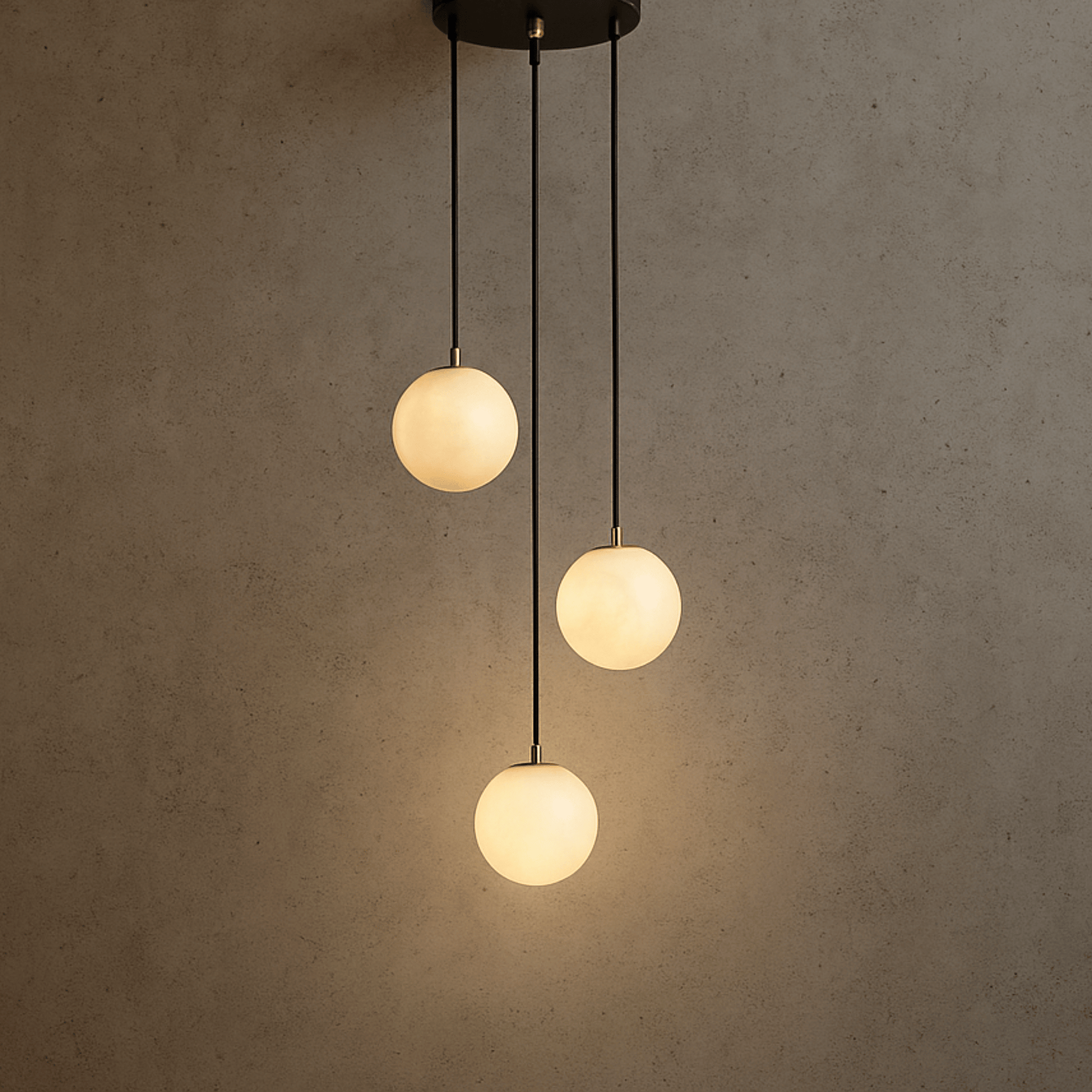 Three spherical pendant lights hanging against a textured wall.