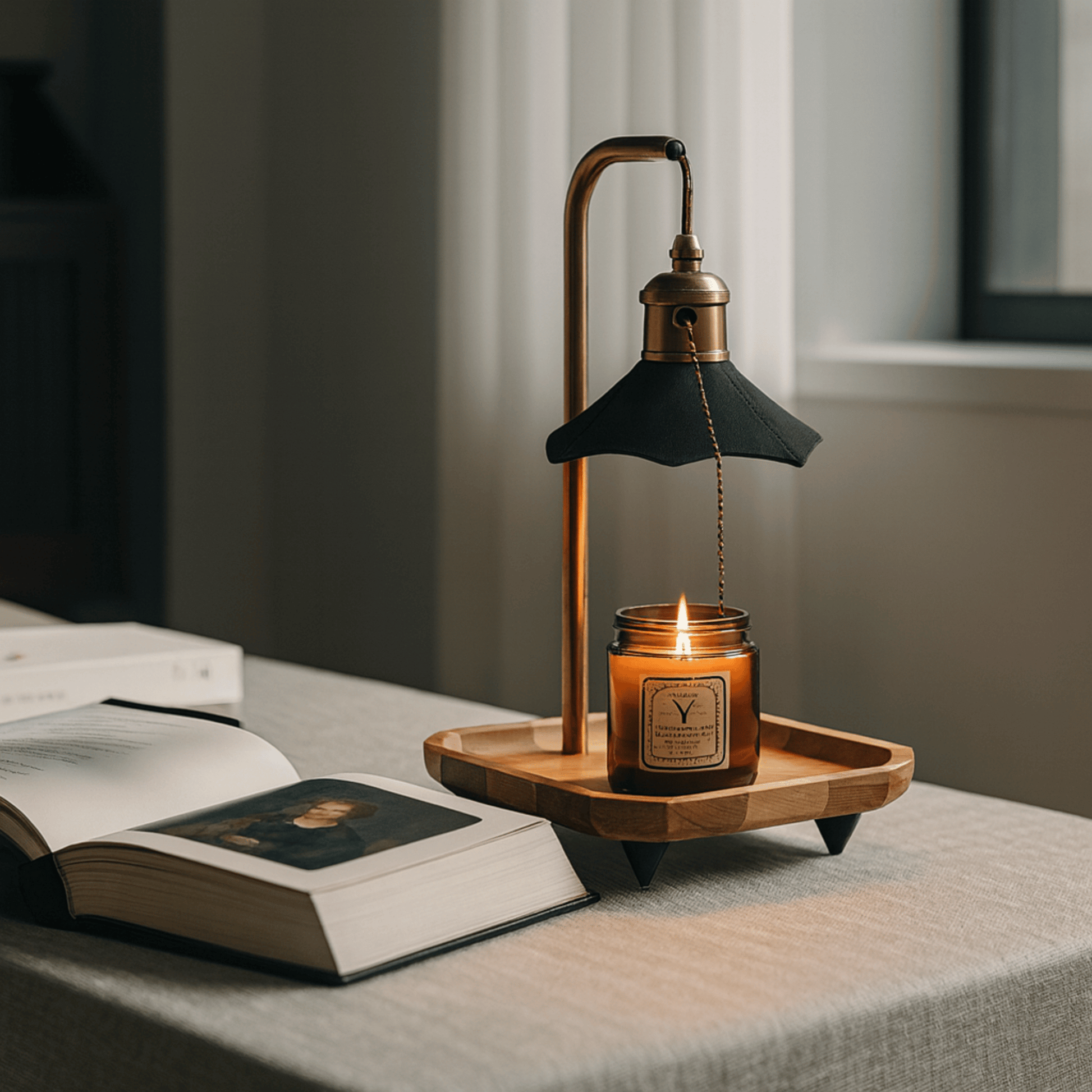 Candle holder with a lit candle on a wooden tray next to an open book on a table.