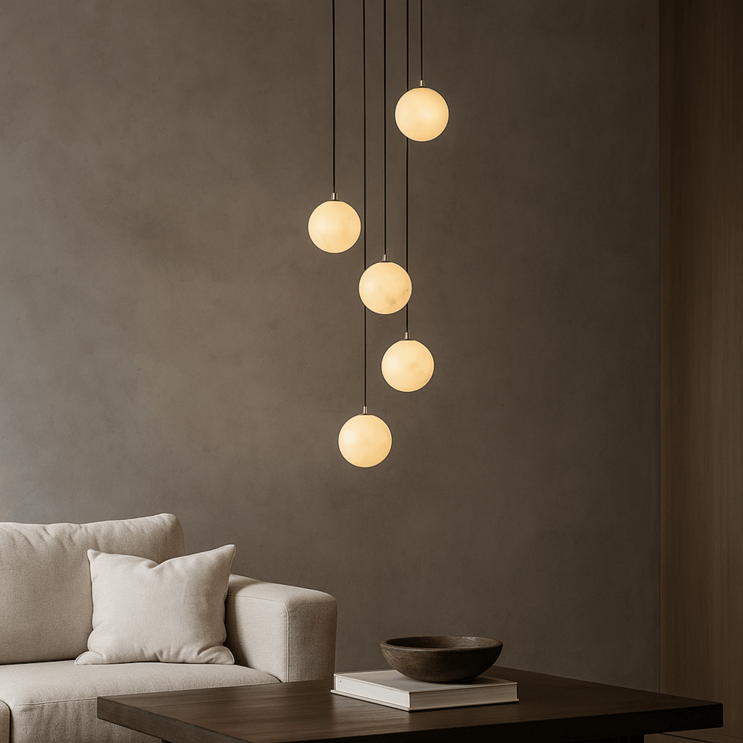Modern pendant light fixture hanging above a sofa in a living room setting.