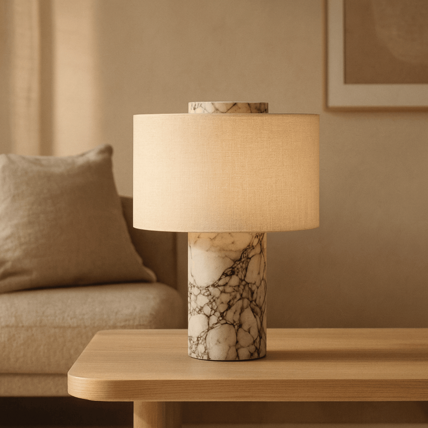 Table lamp with marble base on a wooden table in a living room setting