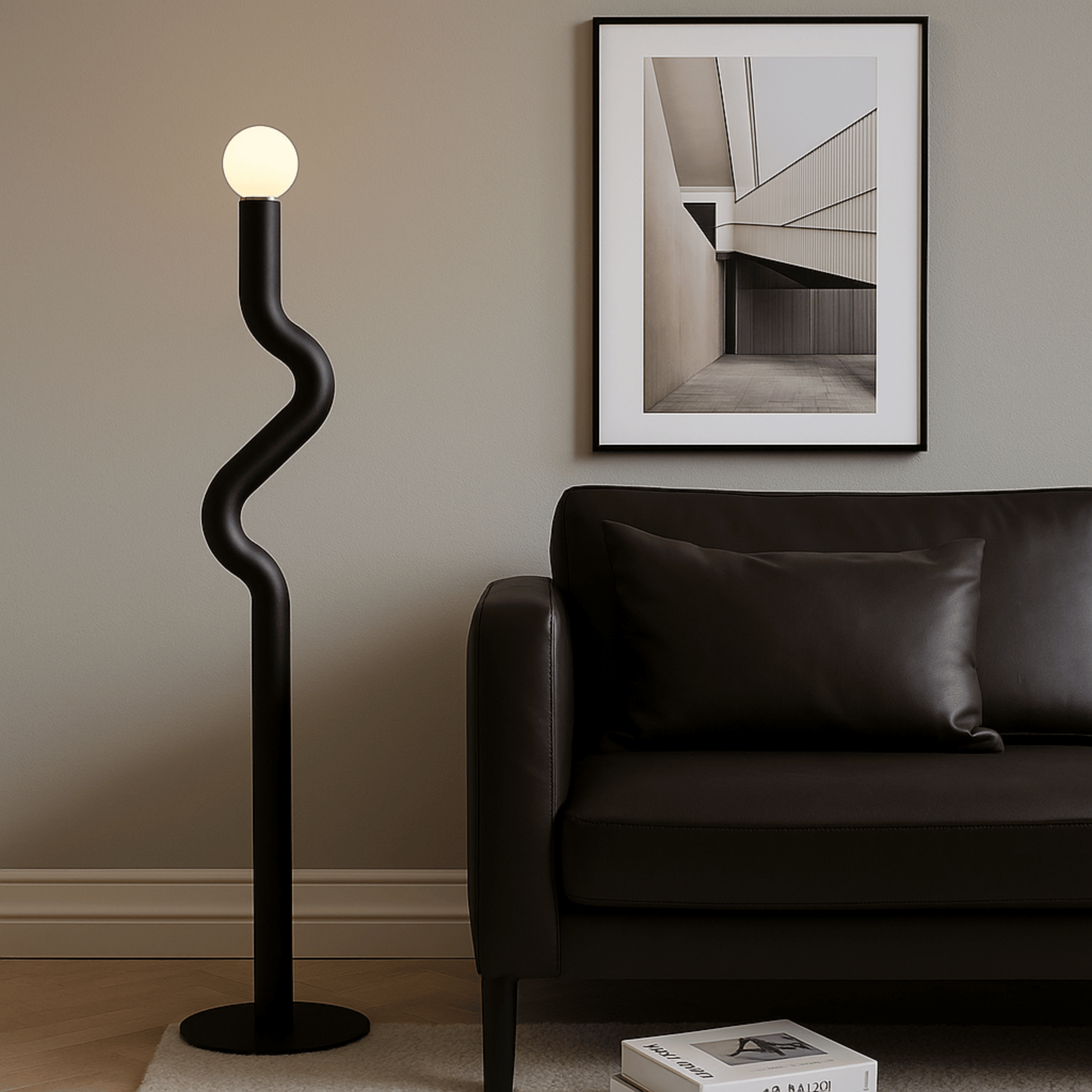 Modern black floor lamp in a living room with a sofa and framed artwork on the wall.