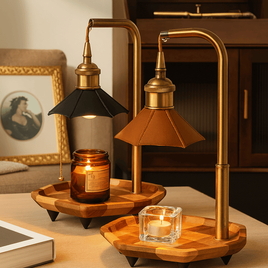 Two vintage-style lamps with black and gold shades on wooden stands, surrounded by candles and a book.