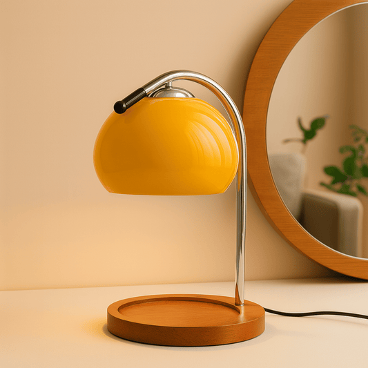 Yellow table lamp with wooden base on a beige surface, mirror reflecting indoor plants in the background.