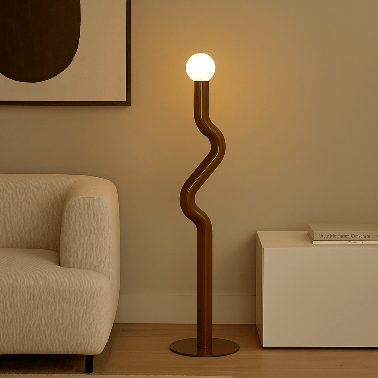 Modern floor lamp with a curved design in a room setting.