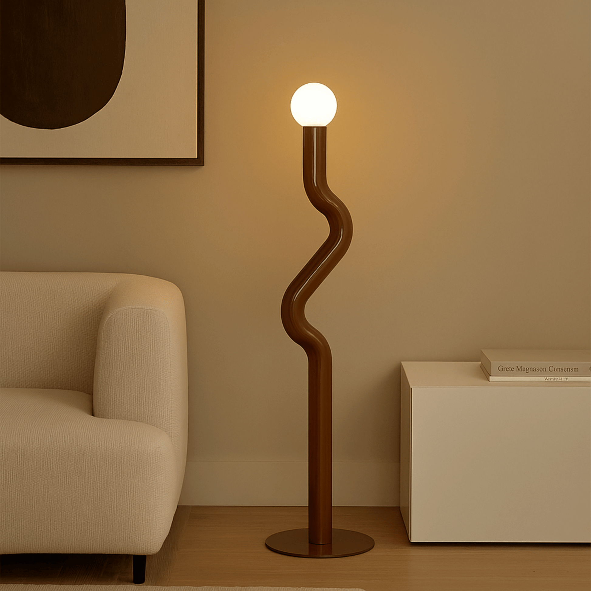 Modern floor lamp with a curved design in a room setting.