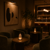 Cozy lounge with dim lighting, armchairs, and table lamps.