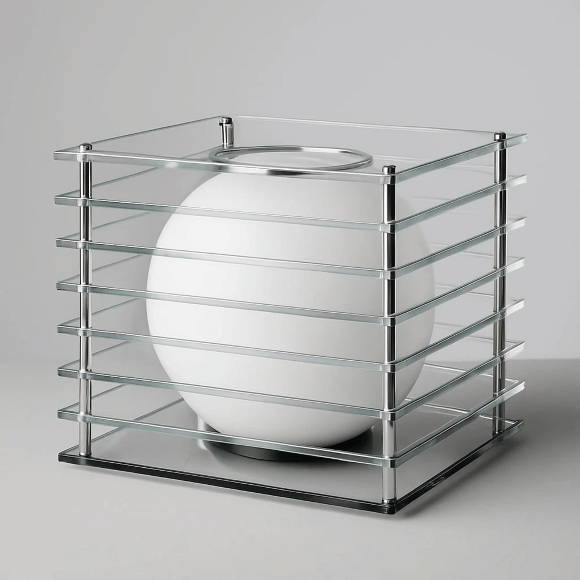 White spherical object inside a transparent glass cube on a gray background