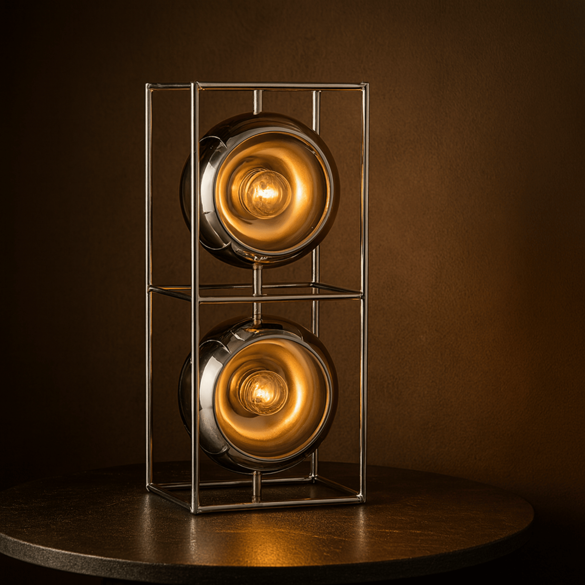 Decorative lamp with two illuminated bulbs in a metal cage on a dark surface.