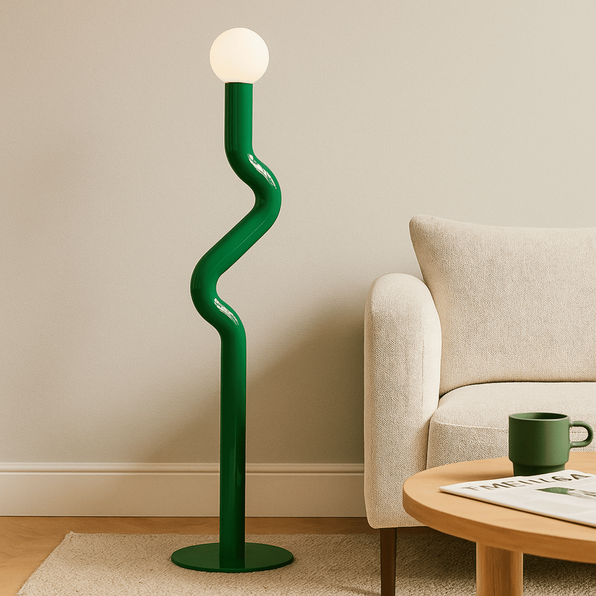 Green floor lamp with a white bulb in a living room setting.