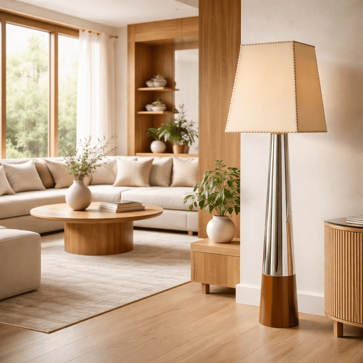 Modern living room with a floor lamp, sofa, and coffee table.