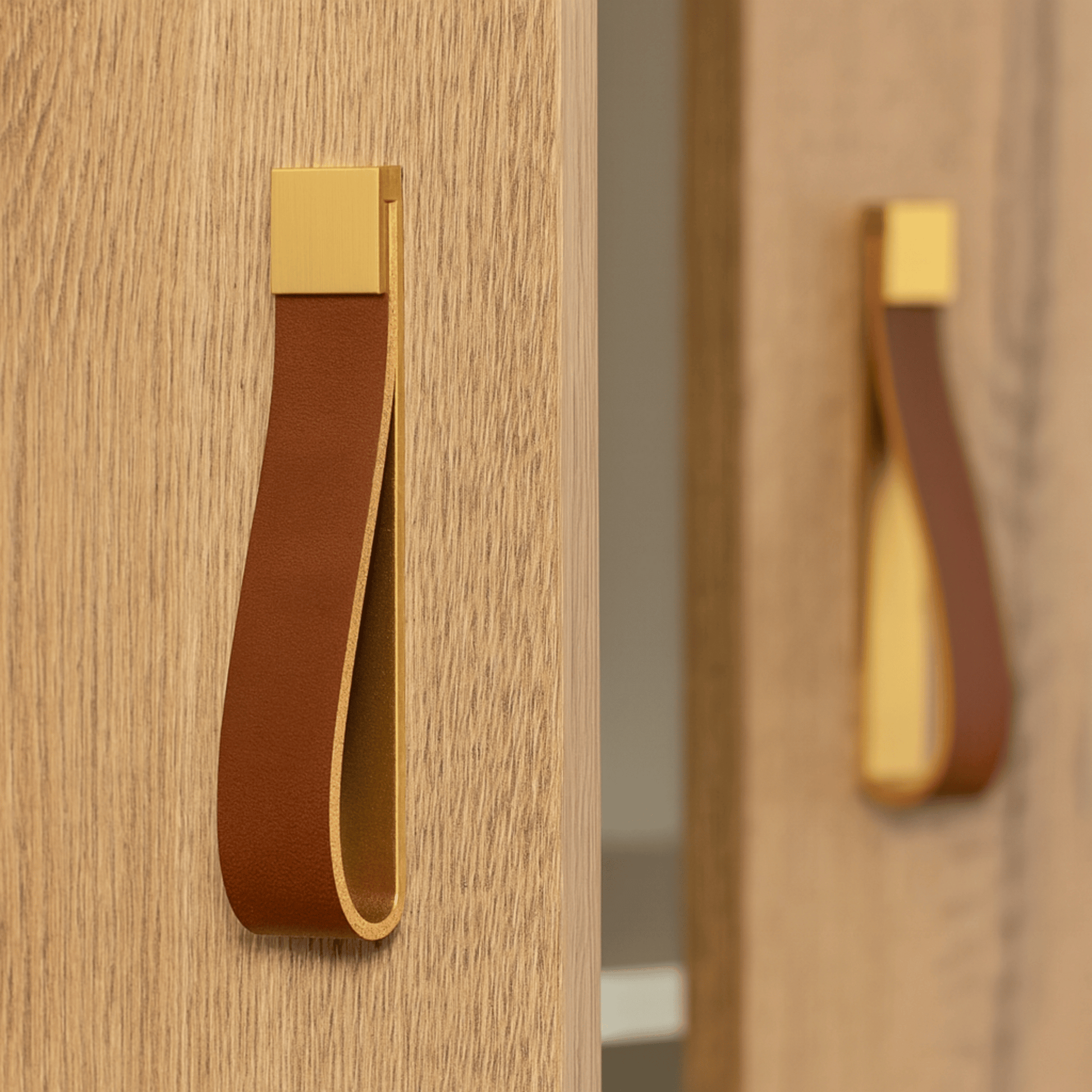 Gold and brown leather strap hanging on a wooden surface