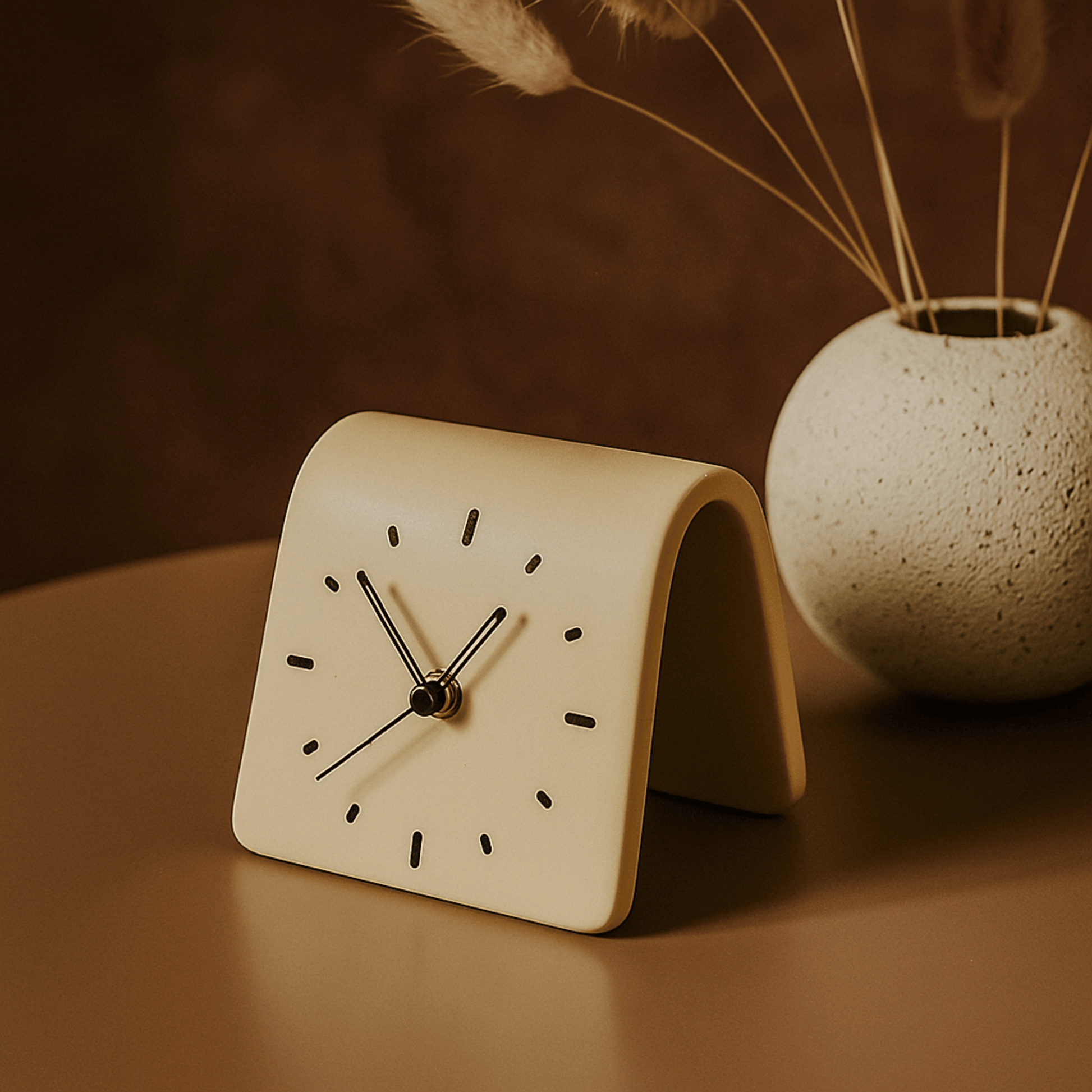 Beige clock on a surface with a vase of dried plants in the background