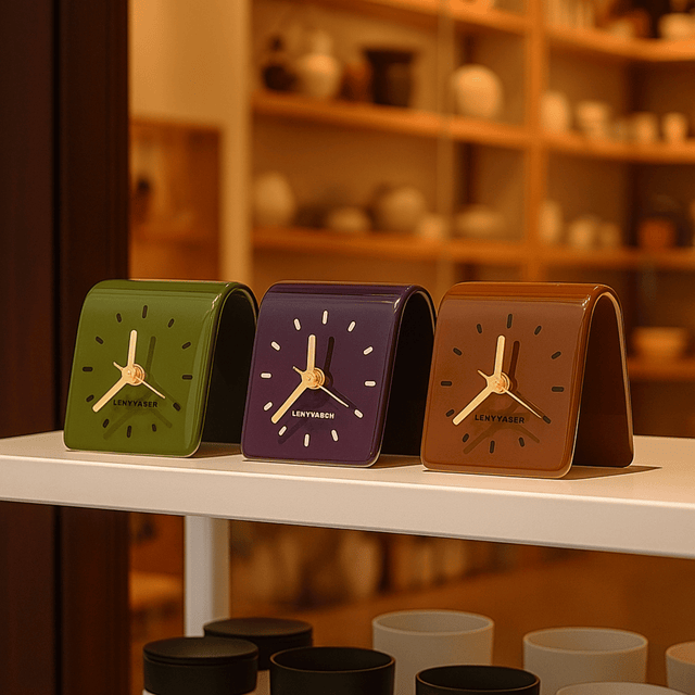 Three colorful clocks on a shelf with a blurred background of shelves and cups.
