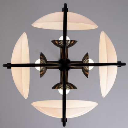 Modern chandelier with black metal frame and white glass shades on a gray background