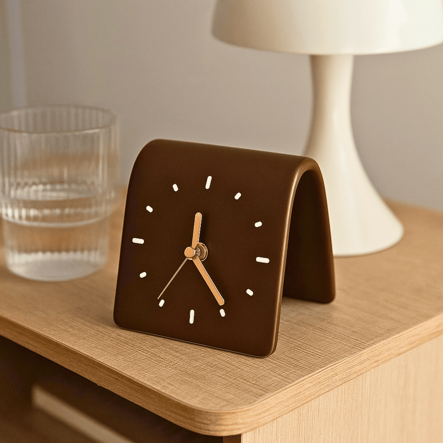 Brown square clock on a wooden surface with a glass and lamp in the background
