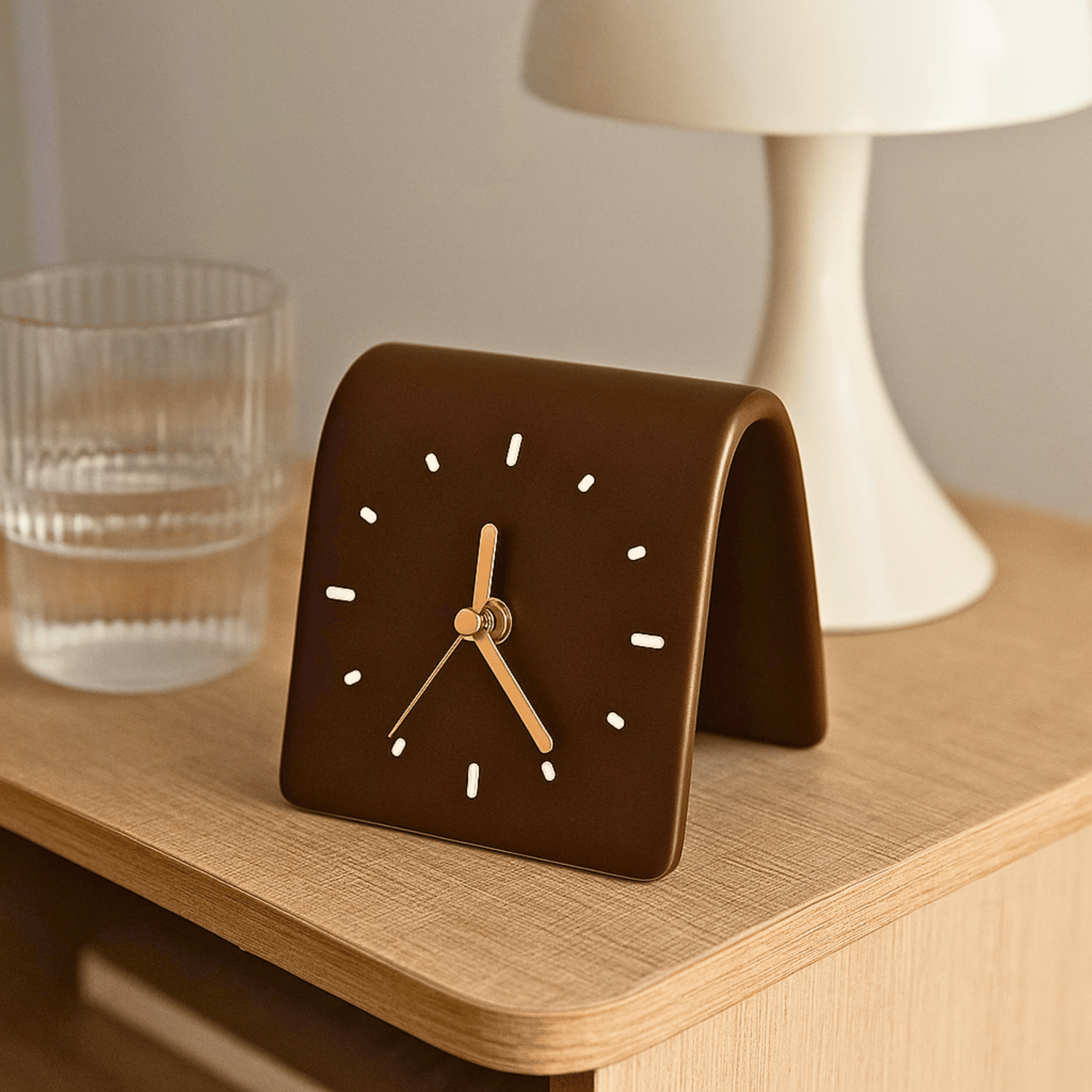 Brown square clock on a wooden surface with a glass and lamp in the background
