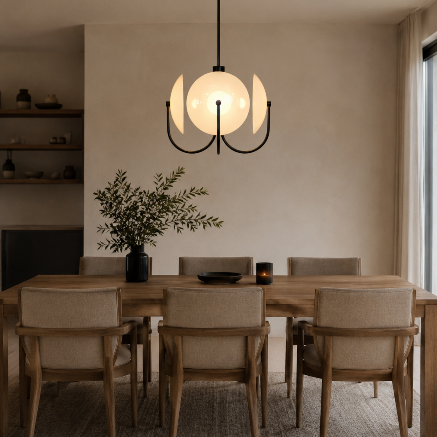 Dining room with wooden table and chairs, modern pendant light, and decorative plant.