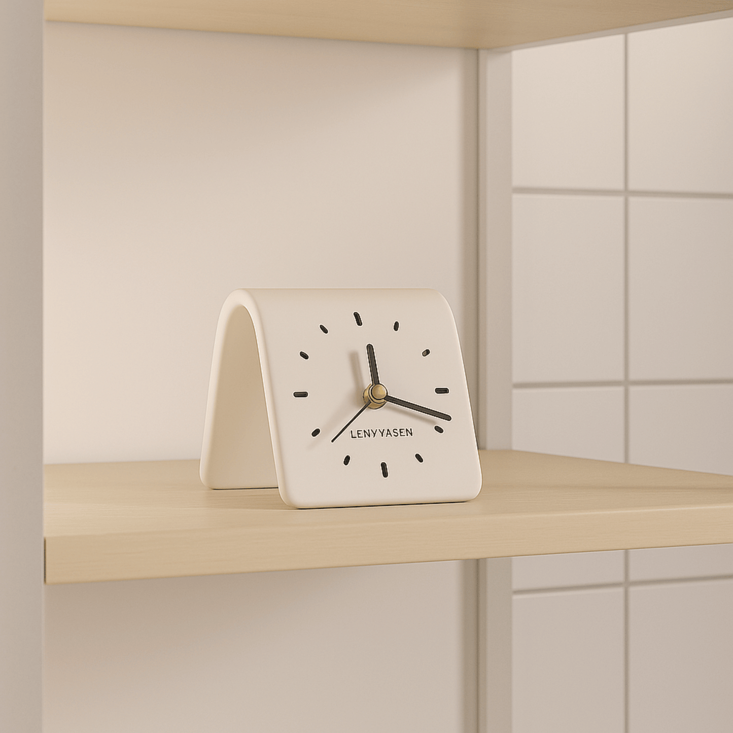 White clock with black hands and 'LENYVAEN' branding on a light wooden shelf.